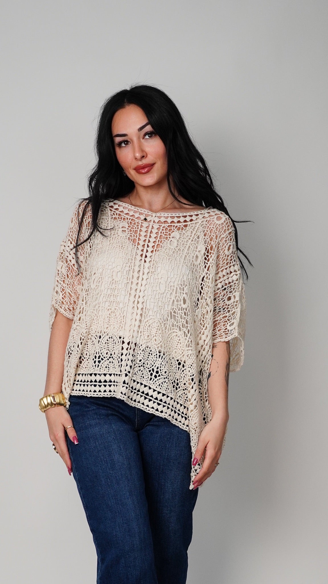 Boho čipkast top s kratkimi rokavi