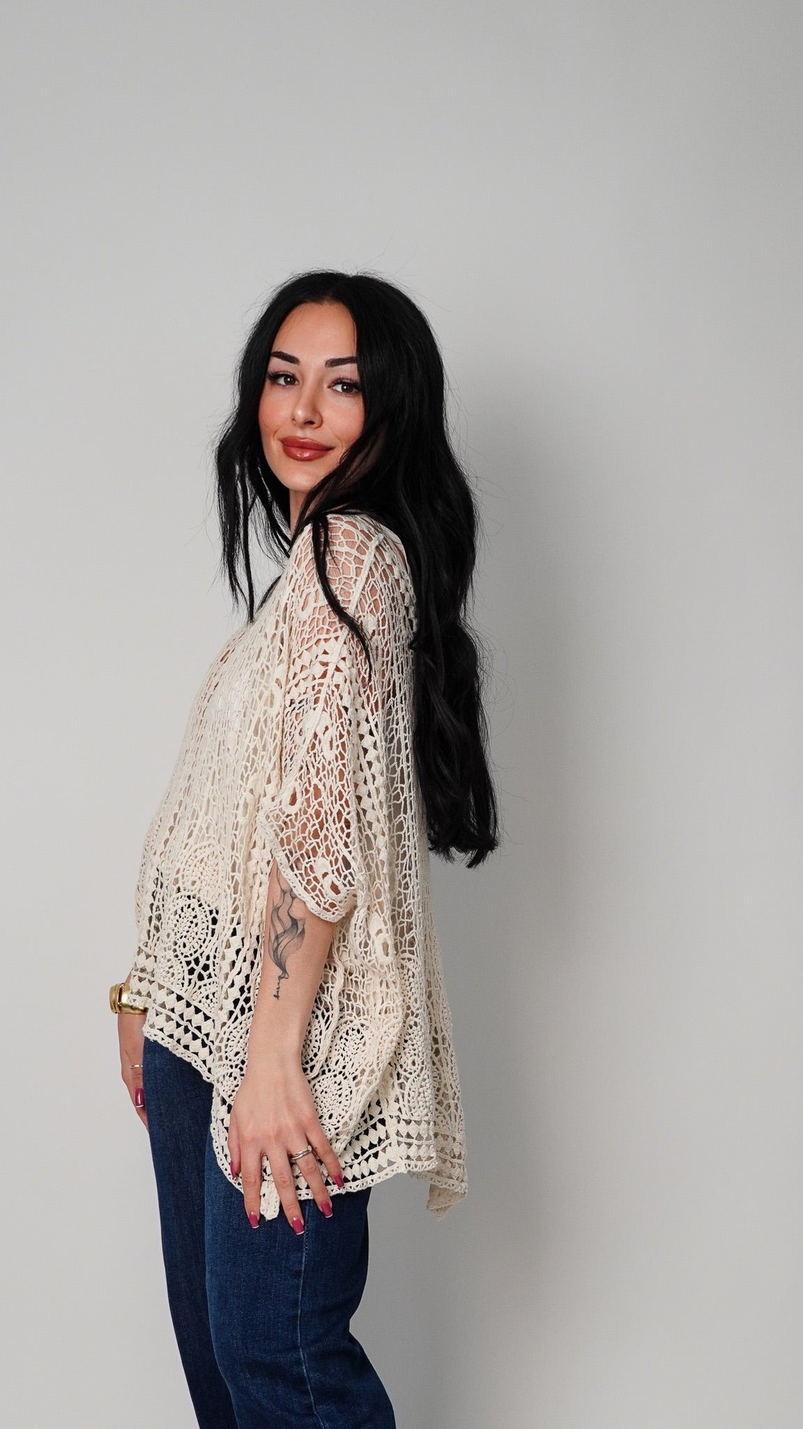 Boho čipkast top s kratkimi rokavi