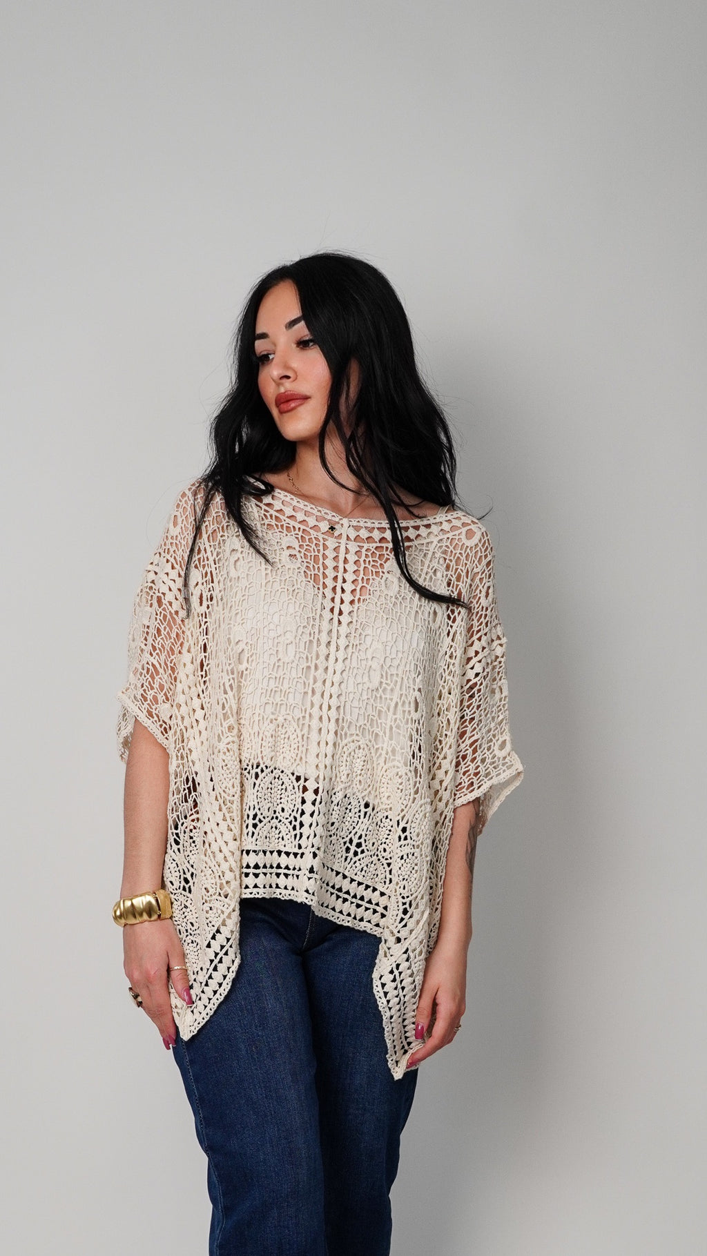Boho čipkast top s kratkimi rokavi
